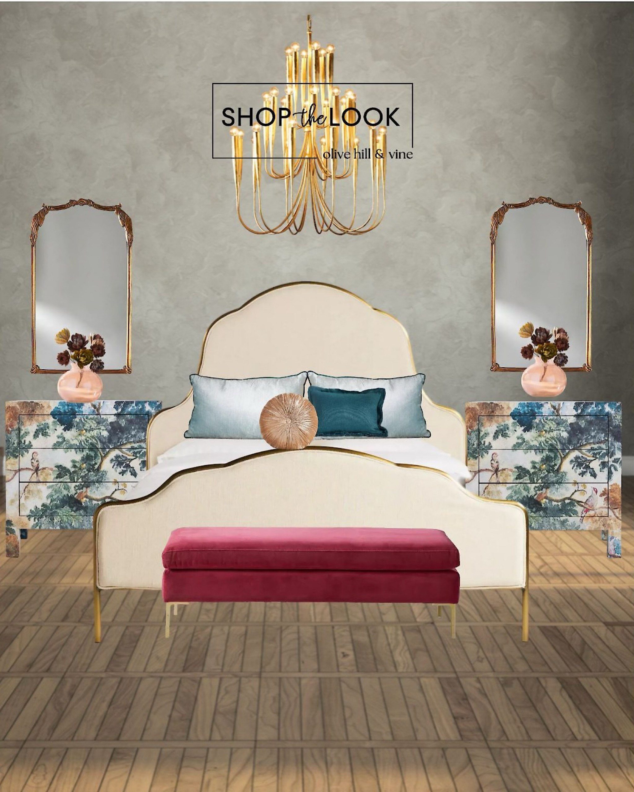 Indulge in luxury with our glamorous bedroom design. A deep pink velvet bench with brass legs pairs beautifully with an intricately shaped headboard and footboard, detailed with brass edging. Mural-adorned nightstands, a peacock-accented antique mirror, and a 30-light chandelier add the perfect touch of opulence.

#LTKStyleTip #LTKHome #LTKFamily