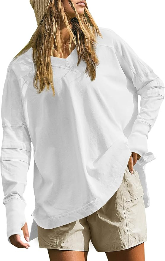 Tankaneo Womens Long Sleeve Tunic Tops Casual V Neck Oversized Shirts with Thumb Holes | Amazon (US)