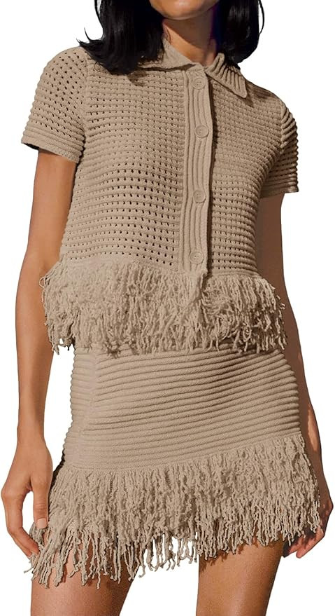 Fisoew Womens 2 Piece Crochet Outfits Short Sleeve Button Knit Sweater Tops Fringe Skirt Summer V... | Amazon (US)