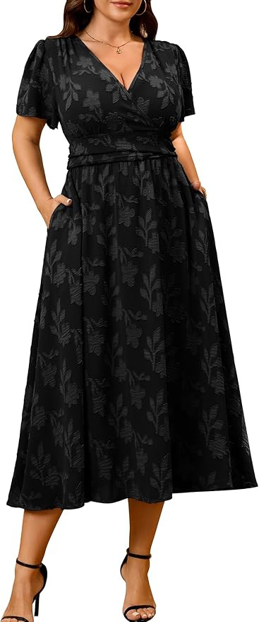 Plus Size Wedding Guest Dress Womens Summer Boho Wrap V Neck Short Sleeve Empire Waist Floral Max... | Amazon (US)