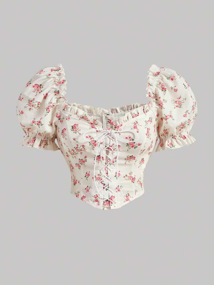 SHEIN MOD Floral Print Frill Trim Puff Sleeve Lace Up Front Hanky Hem Blouse
       
            ... | SHEIN