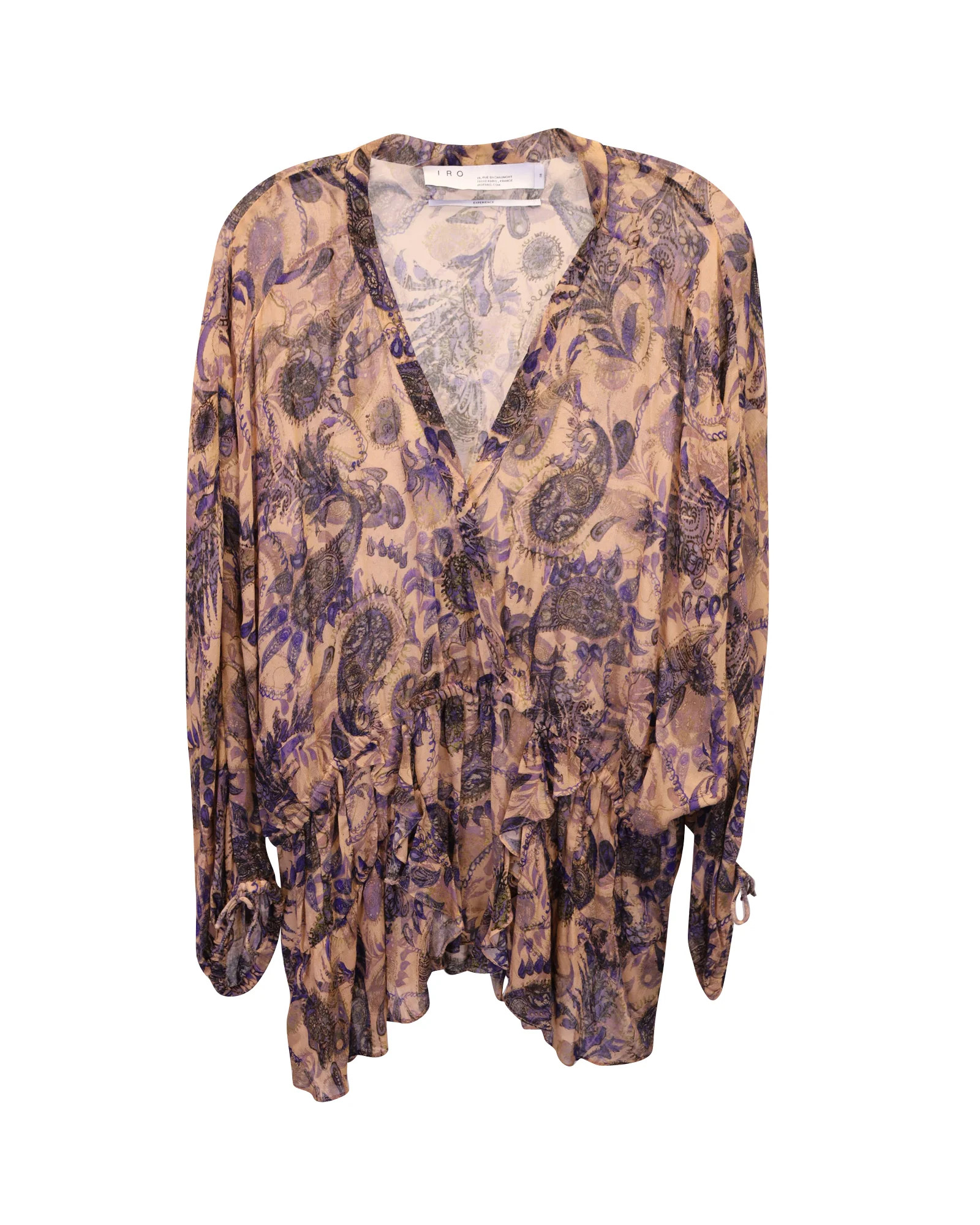 IRO Printed Long Sleeve Top in Beige Silk | Shop Simon