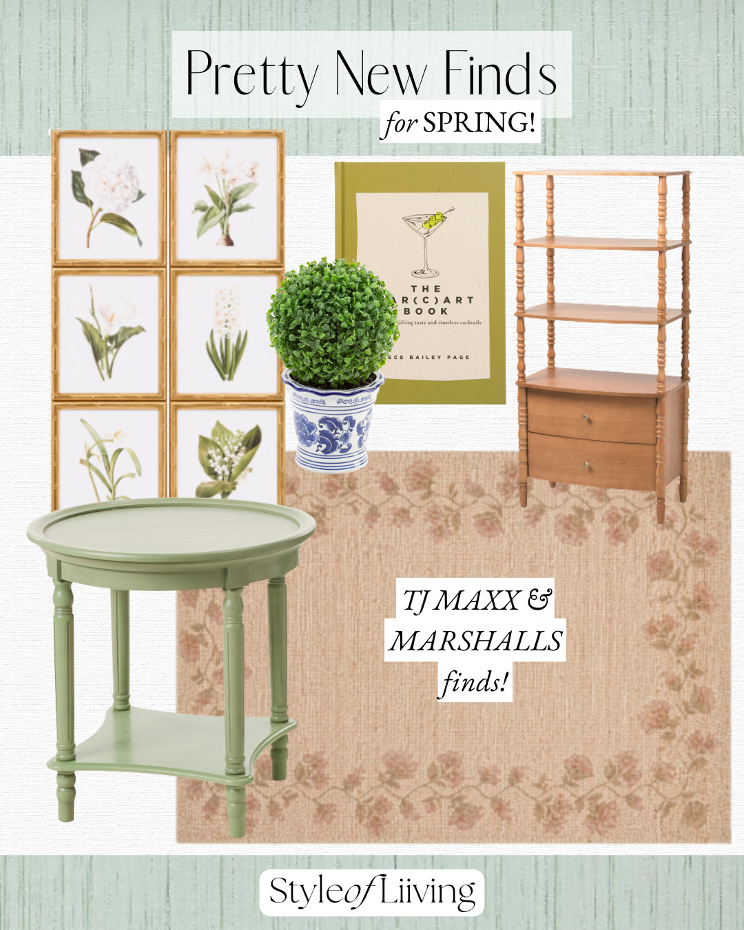 TJ Maxx and Marshalls home finds! Jute area rugs, side tables, bookcase, gold framed wall art, the bar cart book, faux plants. #tjmaxx #marshalls #homedecor #furniture #budgetfriendly #springhome 

 #LTKSeasonal #LTKHome #LTKSaleAlert