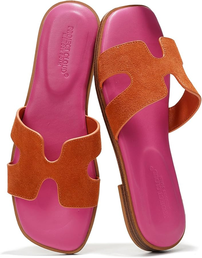 Fashion Flat Summer Sandals for Women 2024 - Leather Womens Sandals Comfortable Memory Foam Slide... | Amazon (US)