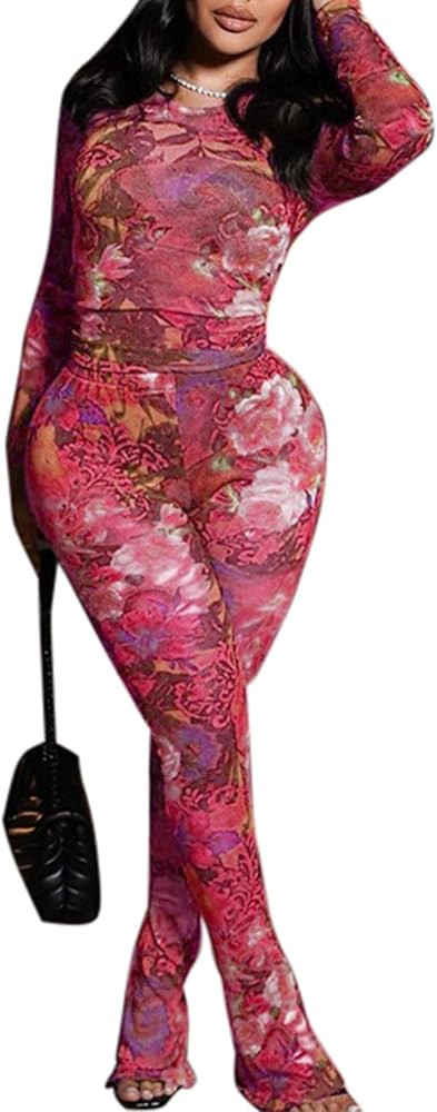 Uni Clau Women’s Sexy 2 Piece Set Floral Print See Through Mesh Long Sleeve Crew Neck Tops and ... | Amazon (US)