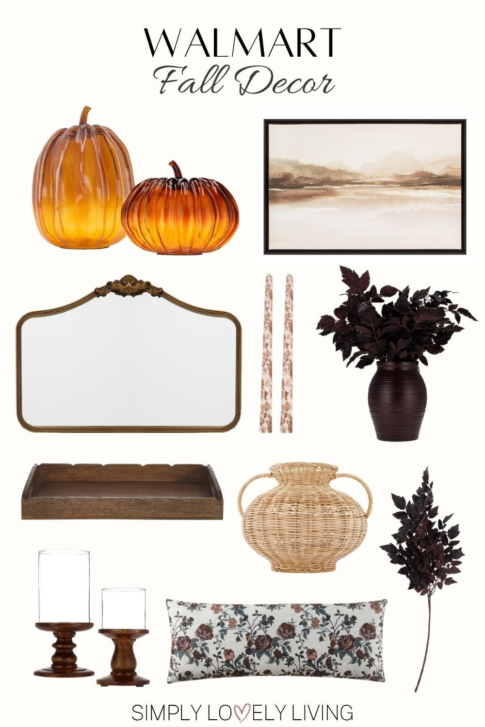 My Texas House Fall decor at Walmart! Glass pumpkins, fall leaf taper candles, candle holders, woven vase, plum stems, plum vase, wooden tray, brass mirror, brown abstract art. Floral fall pillow. #falldecor

#LTKHome #LTKSeasonal