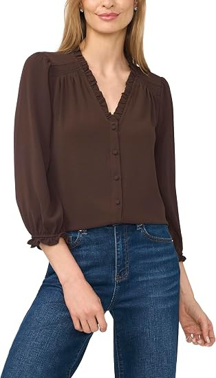 CeCe 3/4 Sleeve Ruffled V-Neck Blouse | Amazon (US)