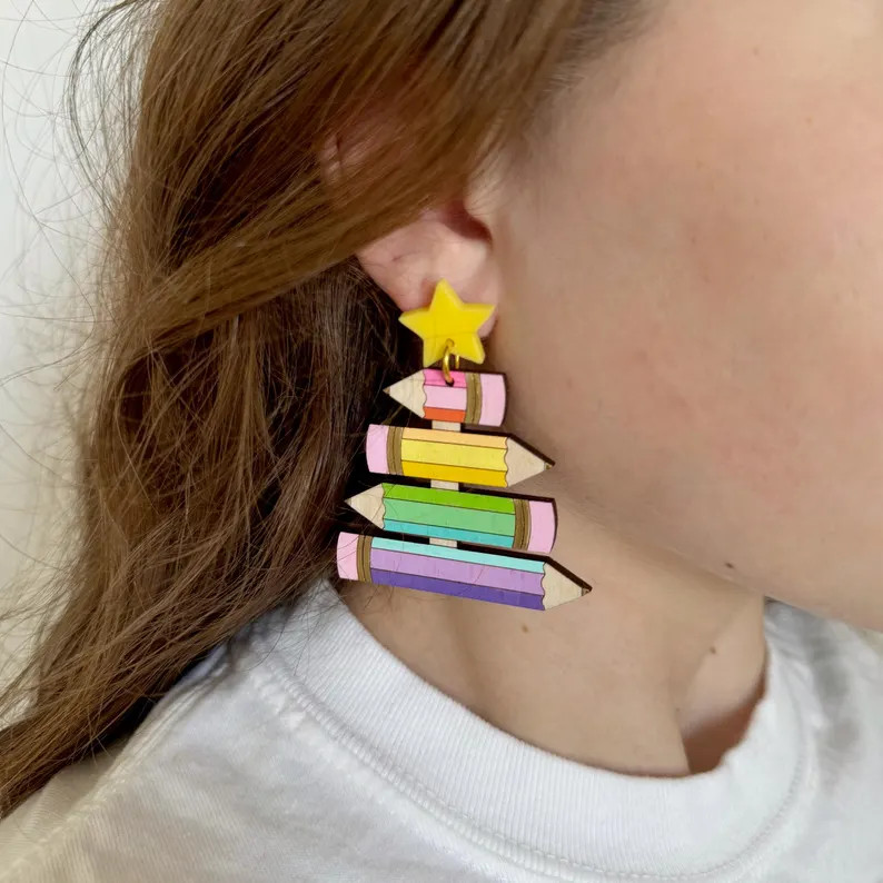 Rainbow Pencil Christmas Tree Earrings - Etsy | Etsy (US)