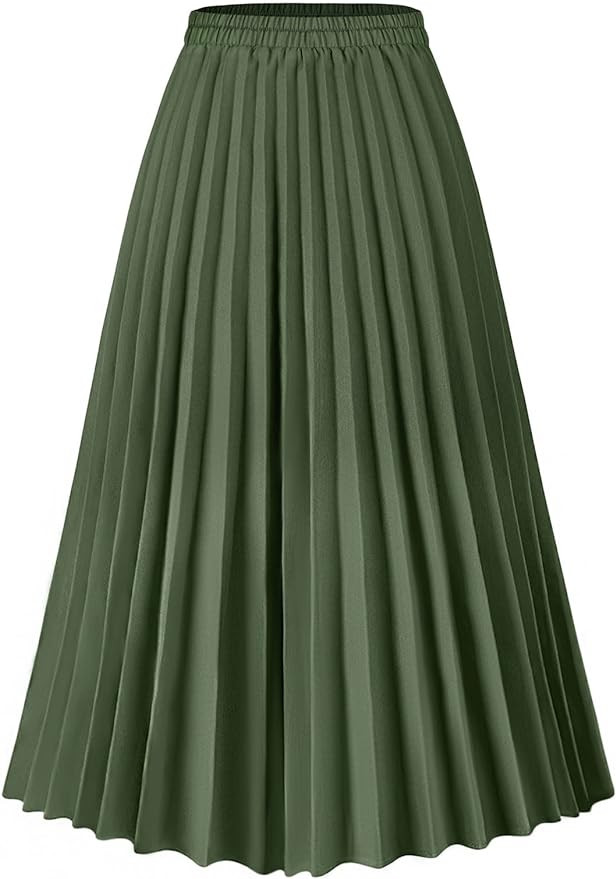 Amazon.com: Basoteeuo Green Pleated Skirt for Women Midi Length Summer High Waisted A Line Elasti... | Amazon (US)