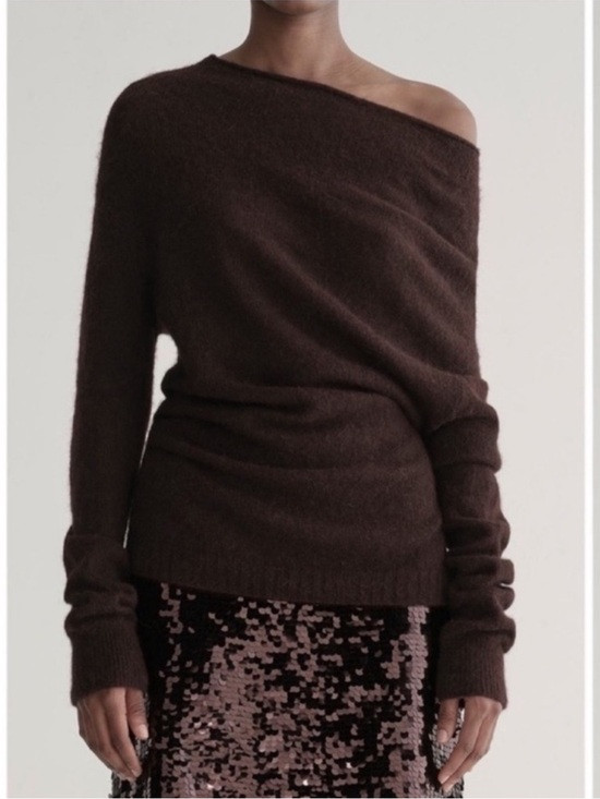 A.L.C ALC Freya Off Shoulder Asymmetrical Alpaca Draped Sweater Dark Umber Brown | Poshmark