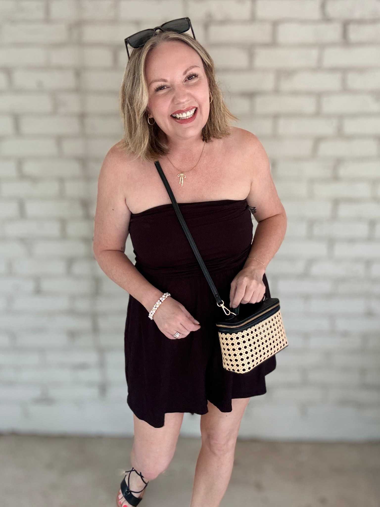 Medium in this $10 tube top romper from Walmart!!! Also comes in red  

#LTKSeasonal #LTKOver40 #LTKMidsize