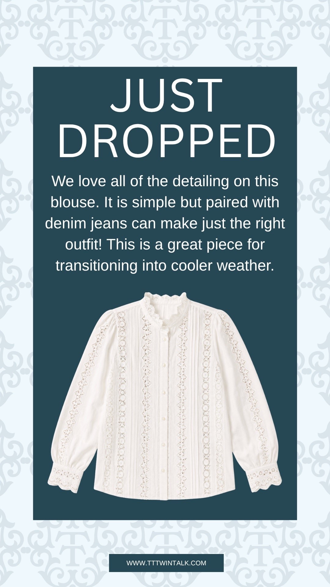 We love all of the detailing on this blouse. It is simple but paired with denim jeans can make just the right outfit! This is a great piece for transitioning into cooler weather.

#LTKootd #LTKSeasonal #LTKMidsize