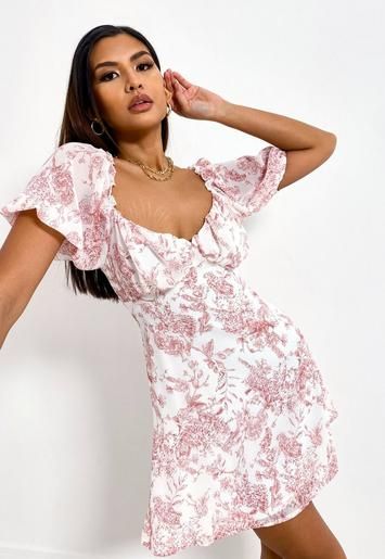 White Floral Print Milkmaid Skater Dress | Missguided (US & CA)