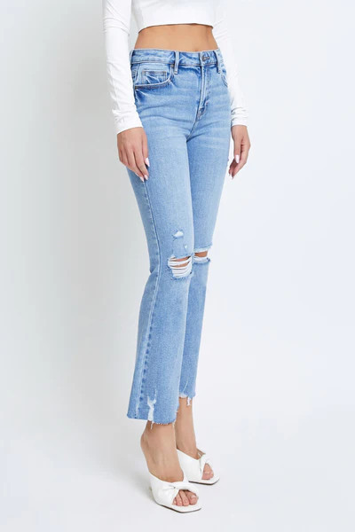 [HAPPI] LIGHT WASH DISTRESSED CLEAN CUT CROPPED FLARE | Hidden Jeans