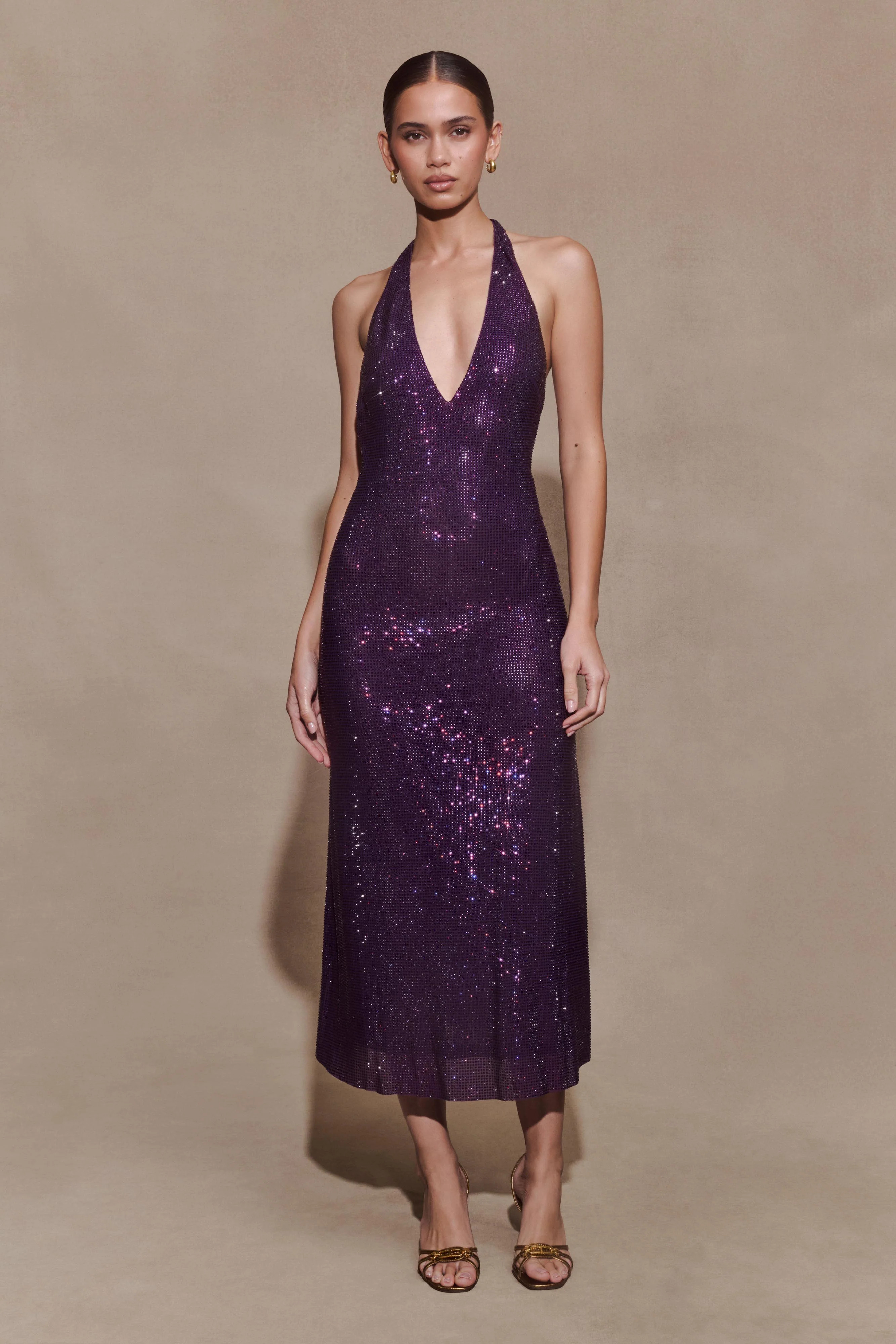 Genie Diamante Halter Midi Dress - Purple | MESHKI US