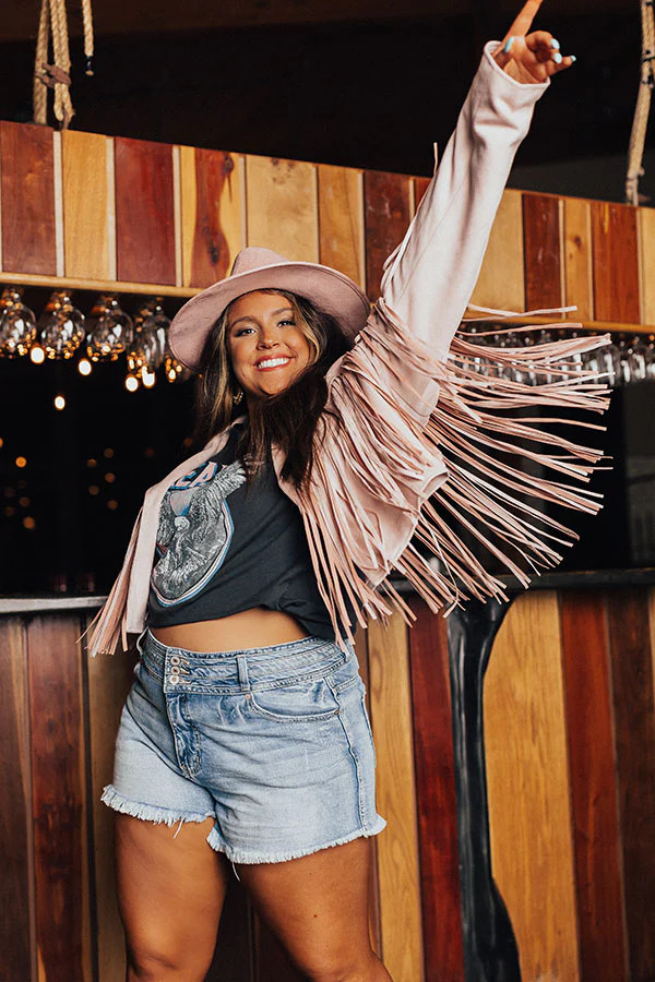 Feeling Grand Faux Suede Fringe Jacket In Pink Curves | Impressions Online Boutique