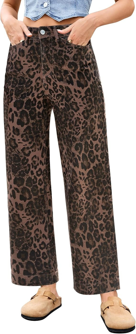 LookbookStore Wide Leg Jeans for Women Trendy High Waisted Stretchy Cheetah Leopard Pants Ankle L... | Amazon (US)