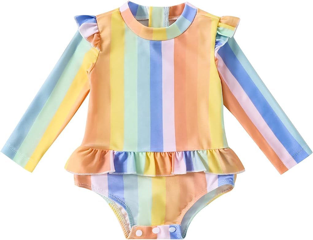 Toddler Baby Girl Swimsuit Cute One Pieces Bathing Suit Sunsuit Rainbow Long Sleeve Rash Guard Sh... | Amazon (US)