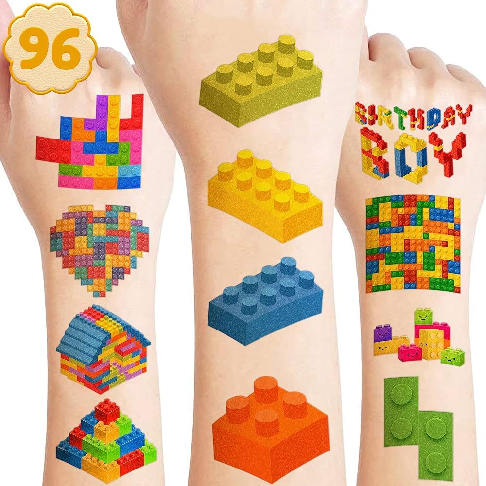 96PCS Building Block Temporary Tattoos Birthday Party Supplies Decorations Tattoos Stickers Cute ... | Amazon (US)