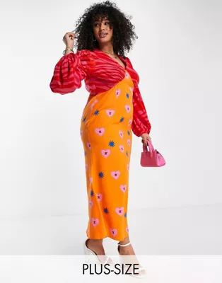 Never Fully Dressed Plus balloon sleeve maxi dress in contrast graphic print | ASOS (Global)