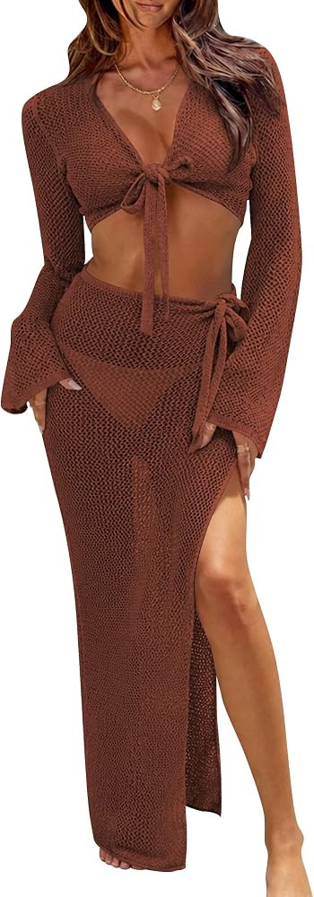 Cakulo Women's Crochet Cover Up 2 Piece Beach Skirt Sets | Amazon (US)