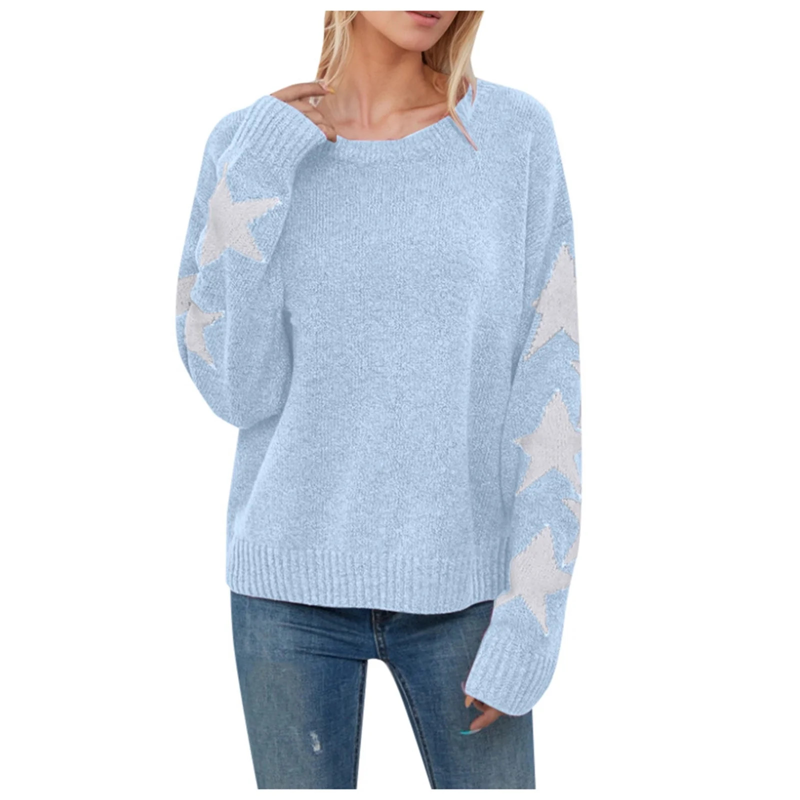 Fall Sweaters Women Star Jacquard Knit Sweaters Pullover Crew Neck Knitted Tops Knitted Sweater B... | Walmart (US)