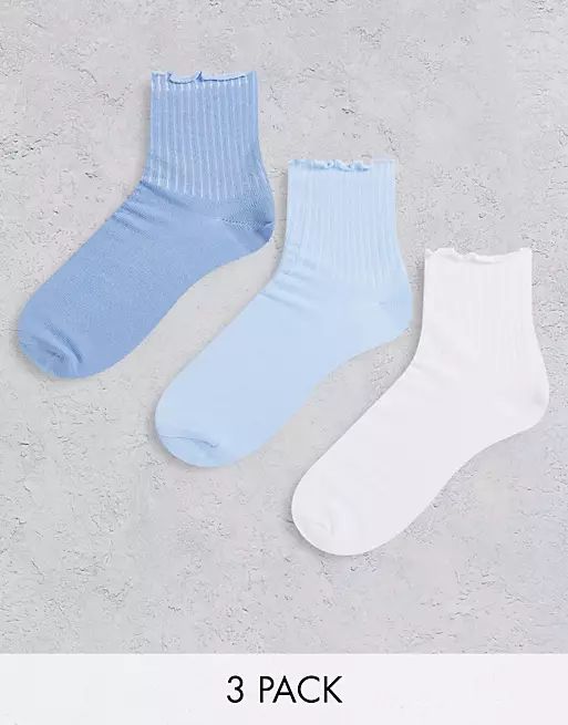 ASOS DESIGN 3-pack ankle length socks with ruffle in tonal blue | ASOS (Global)