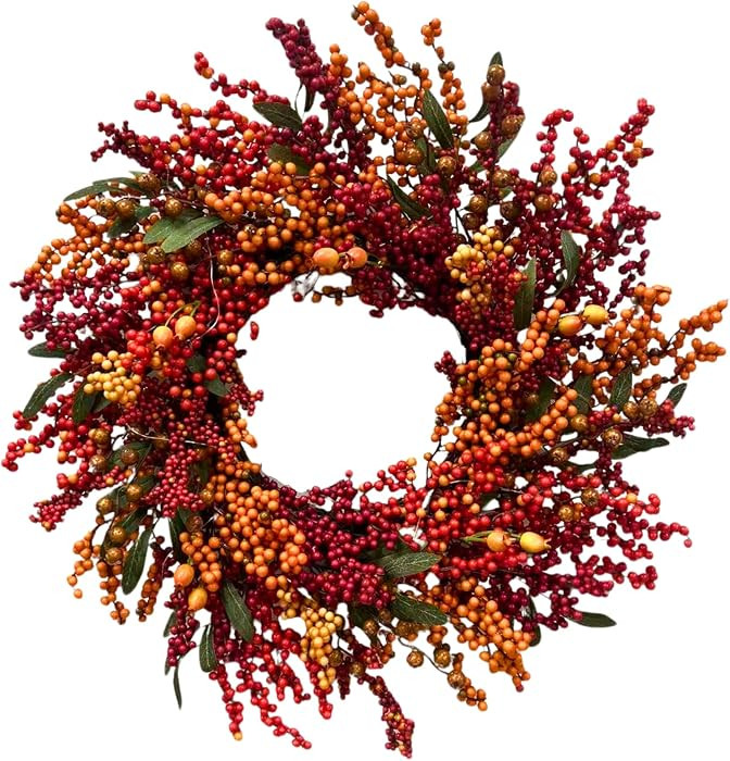 22 Inch Lighted Fall Berry Wreath with Timer Red and Orange Berries | Amazon (US)