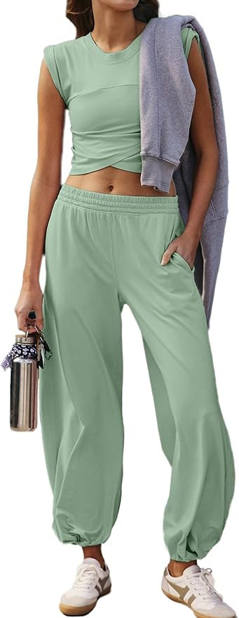 Glamaker Women's Two Piece Athletic Sets Casual Workout Sleeveless Cropped Tops High Sweatpants J... | Amazon (US)