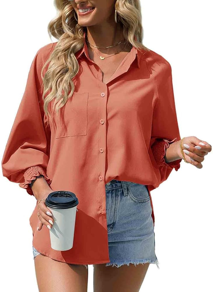 Mancreda Womens Button Down Shirts Long Billowy Sleeves Blouses Tops with Pocket | Amazon (US)