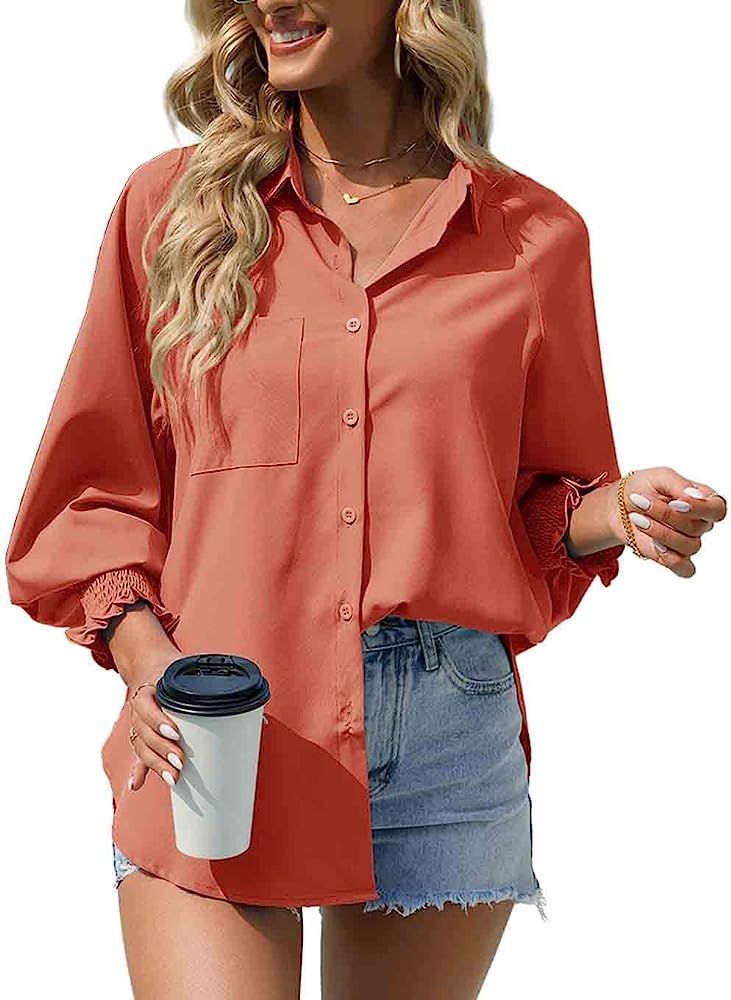 Mancreda Womens Button Down Shirts Long Billowy Sleeves Blouses Tops with Pocket | Amazon (US)