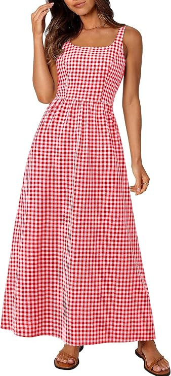 PRETTYGARDEN Women's 2026 Summer Spaghetti Strap Maxi Dresses Plaid Square Neck A Line Casual Bea... | Amazon (US)