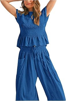 Womens 2 Piece Smocked Top Wide-Leg Pants Set High-Waisted Lounge Outfit with Pockets Casual Boho... | Amazon (US)
