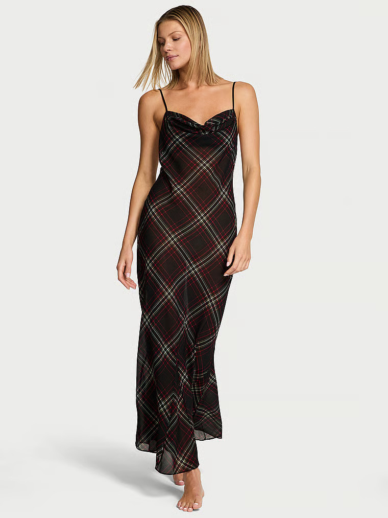 Buy Chiffon Tartan Draped Maxi Slip Dress, Black Plaid - Order Slips online - Victoria's Secret U... | Victoria's Secret (US / CA )