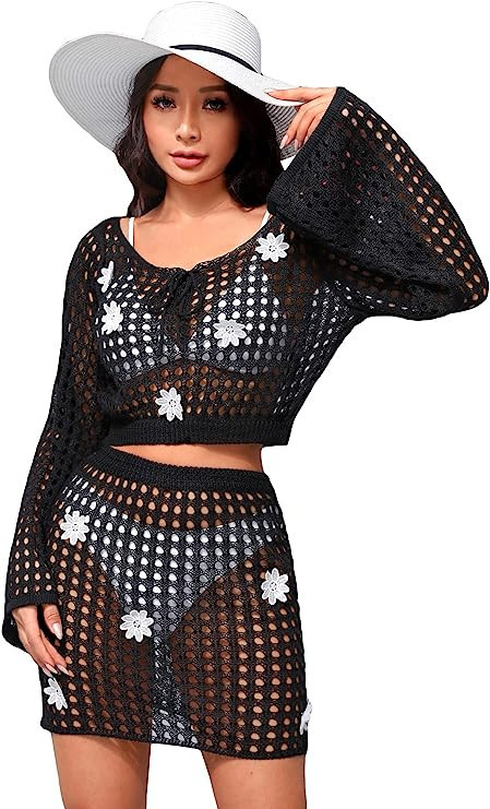 Floerns Women's 2 Piece Swimwear Hollow Out Skirt Set Cover Up Without Bikini | Amazon (US)