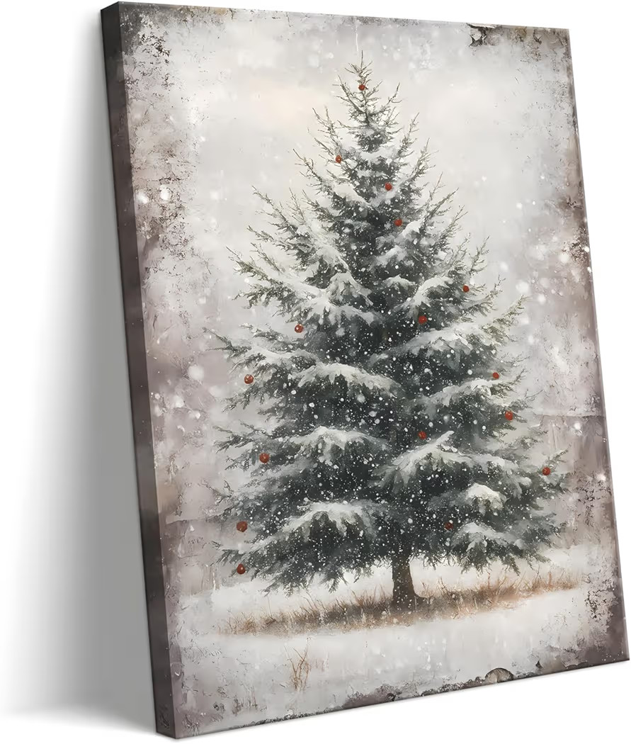 Vintage Christmas Wall Art Framed - Pine Tree Pictures Wall Decor, Winter Navidad Painting Decora... | Amazon (US)
