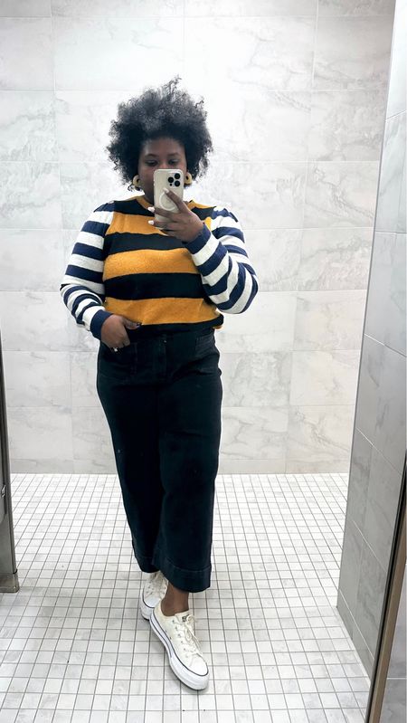 Casual wide leg jeans outfit for class. #anthropologie #jeans #casualoutfit #stripedsweater plus-size

#LTKshoecrush #LTKcurves #LTKstyletip