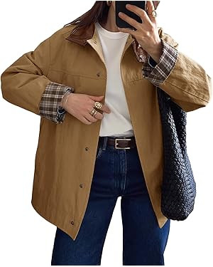 Tankaneo Womens Trench Coat Oversized Fall Barn Jacket Leather Collar Plaid Color Block Windproof... | Amazon (US)