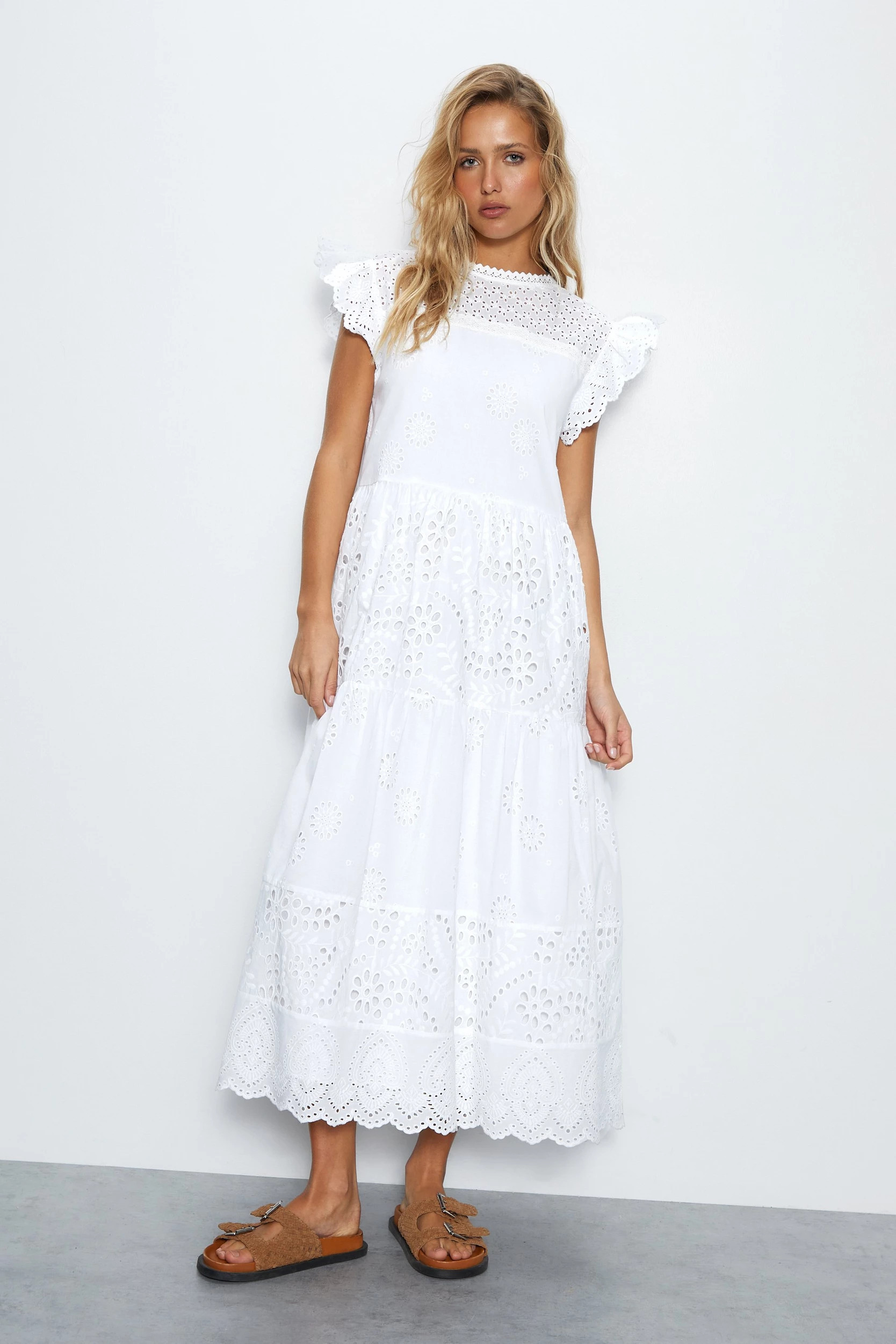Broderie Mix Tiered Midi Dress | Warehouse UK & IE