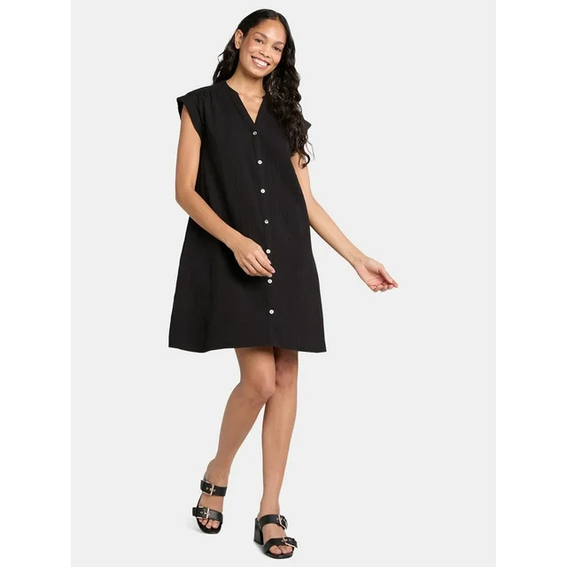 Time and Tru Women's Double Cloth Cotton Mini Shirtdress, Sizes XS-XXXL | Walmart (US)