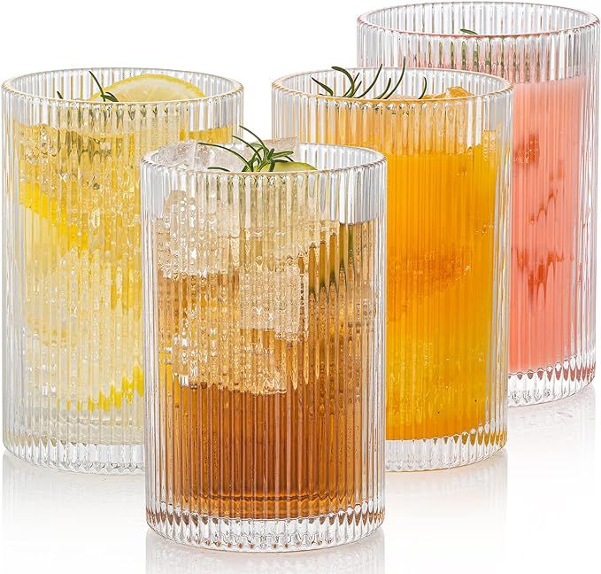 POLIDREAM Vintage Ribbed Glassware Set: 4pcs 16.9oz XL Drinking Glasses, Fluted Ripple Drinkware,... | Amazon (US)