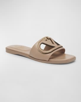 Valentino Garavani VLogo Leather Cutout Flat Slide Sandals | Neiman Marcus