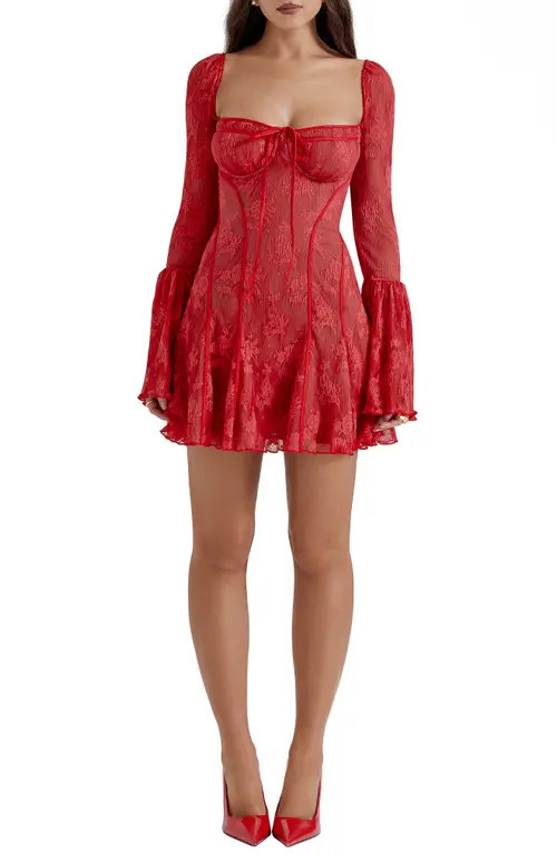 HOUSE OF CB Analissa Long Sleeve Lace Minidress in True Red at Nordstrom, Size X-Large A | Nordstrom