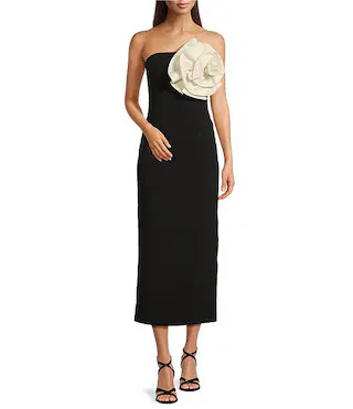 Muse by Marchesa Camelia Crepe Strapless Neck Sleeveless Rosette Bodycon Midi Dress | Dillard's | Dillard's