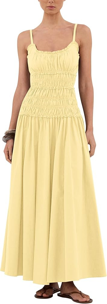 Womens Summer Spaghetti Strap Maxi Dress Scoop Neck Ruched Flowy Long Dresses Casual Sleeveless C... | Amazon (US)