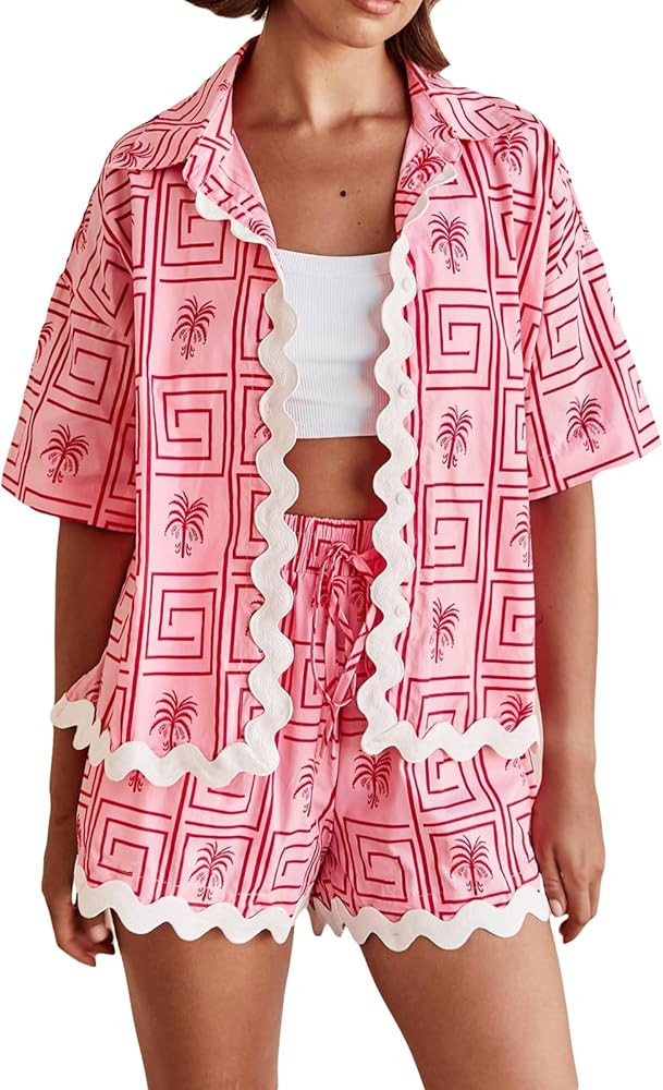 Women 2 Piece Shorts Sets Graphic Short Sleeve Button Shirt Wide Leg Lounge Shorts Summer Holiday... | Amazon (US)
