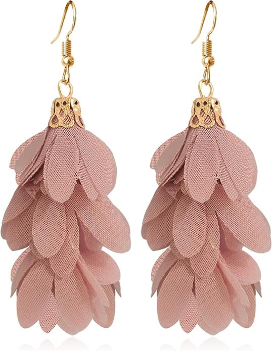 Handmade Bohemian Chic Long Fabric Flower Tassel Dangle Drop Earrings Cute Lightweight Floral Pet... | Amazon (US)