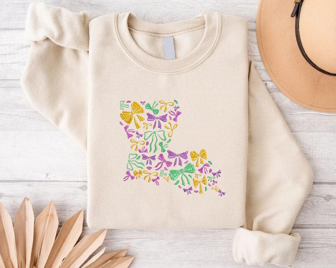 Embroidered Mardi Gras Coquette Bows Sweatshirt, Embroidery Mardi Gras Map Sweater, Louisiana Map... | Etsy (US)