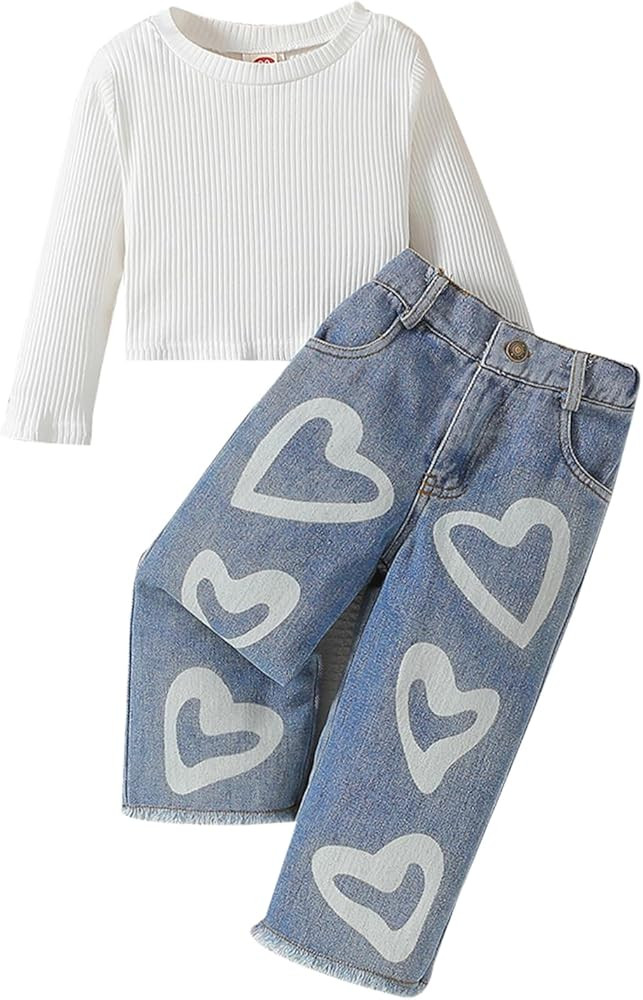 SAYOO Toddler Baby Girls Clothes Fall Winter Ribbed Top Little Kids Girl Denim Outfits Love Heart... | Amazon (US)