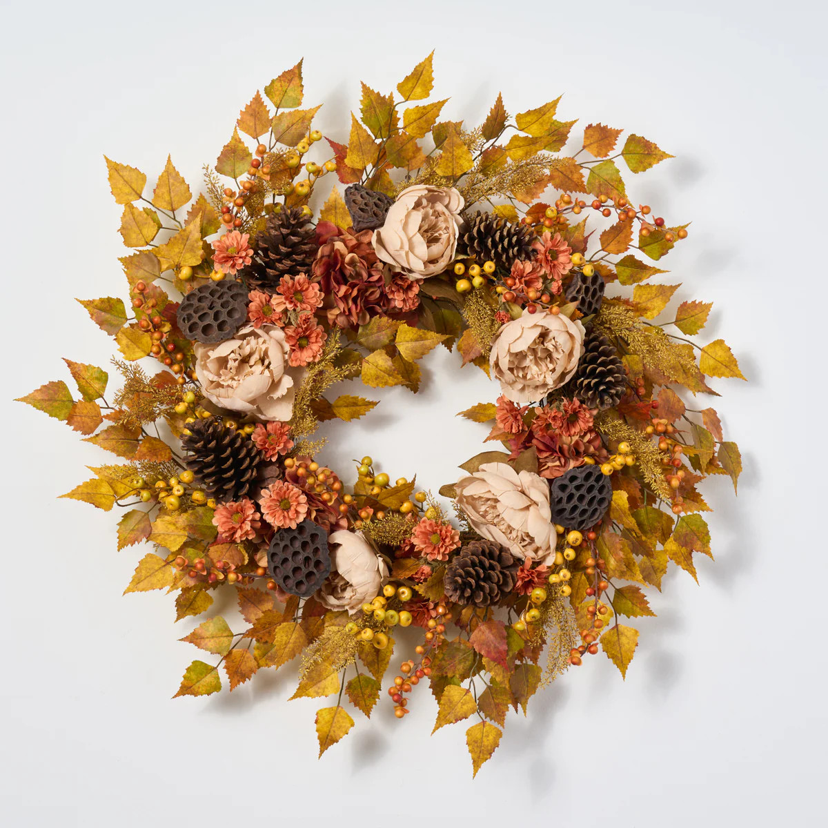 Autumn Glow - Cream Peony, Dark Orange Hydrangea & Zinnia Front Door Fall Wreath | Darby Creek Trading